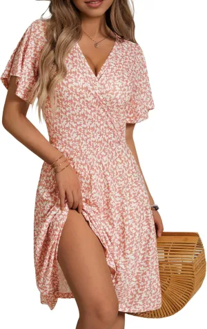 FENSACE Womens Sundress Summer Floral Short Sleeve Wrap V Neck A-Line Midi Dress