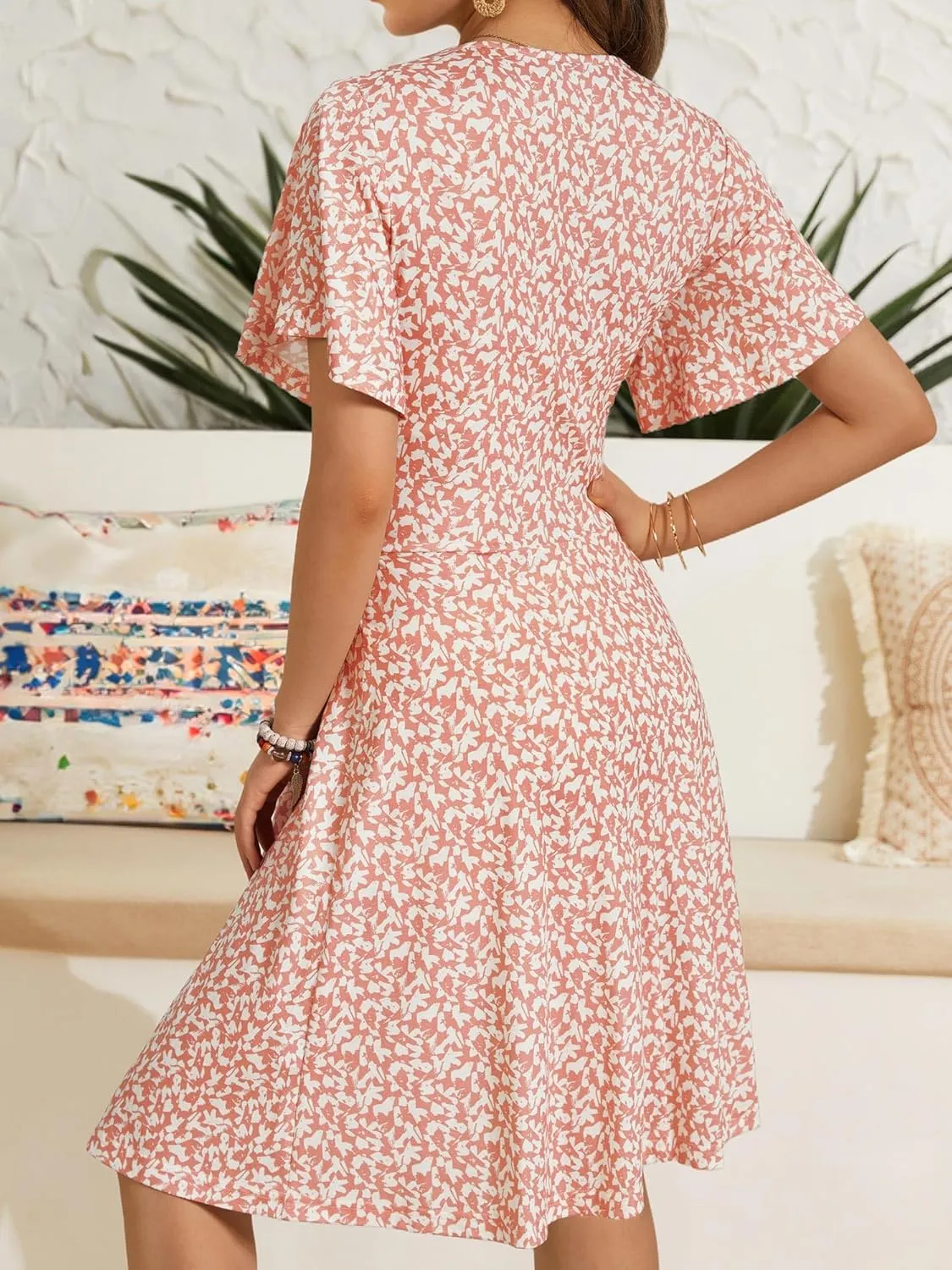 FENSACE Womens Sundress Summer Floral Short Sleeve Wrap V Neck A-Line Midi Dress