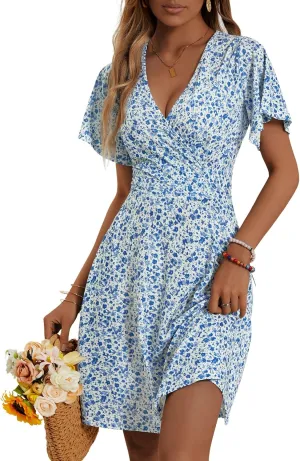 FENSACE Womens Sundress Summer Floral Short Sleeve Wrap V Neck A-Line Midi Dress
