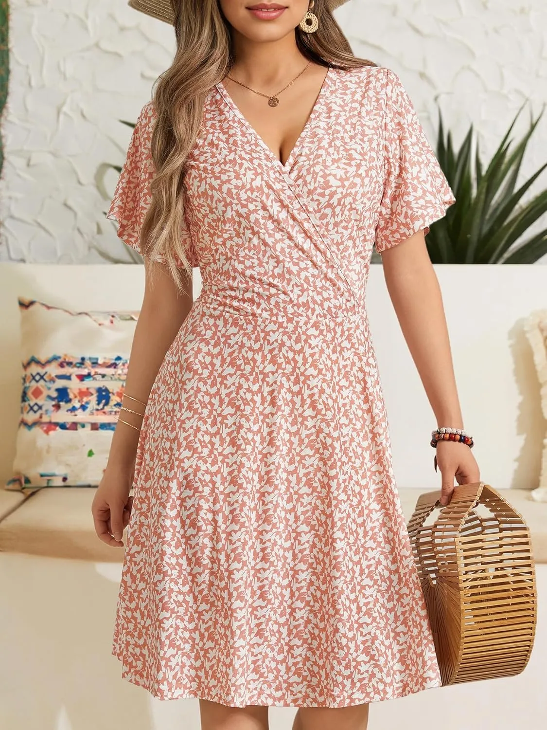 FENSACE Womens Sundress Summer Floral Short Sleeve Wrap V Neck A-Line Midi Dress