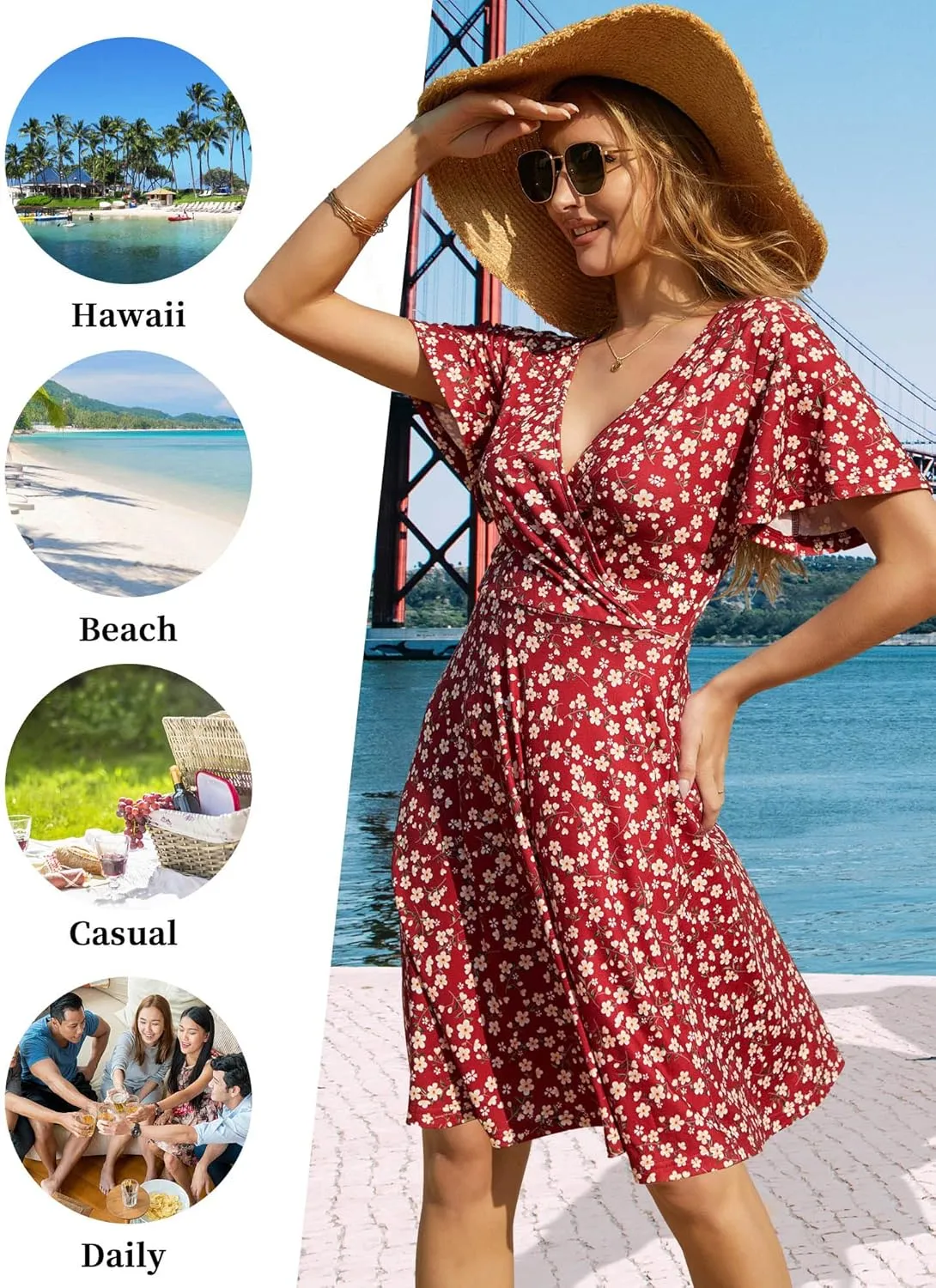 FENSACE Womens Sundress Summer Floral Short Sleeve Wrap V Neck A-Line Midi Dress