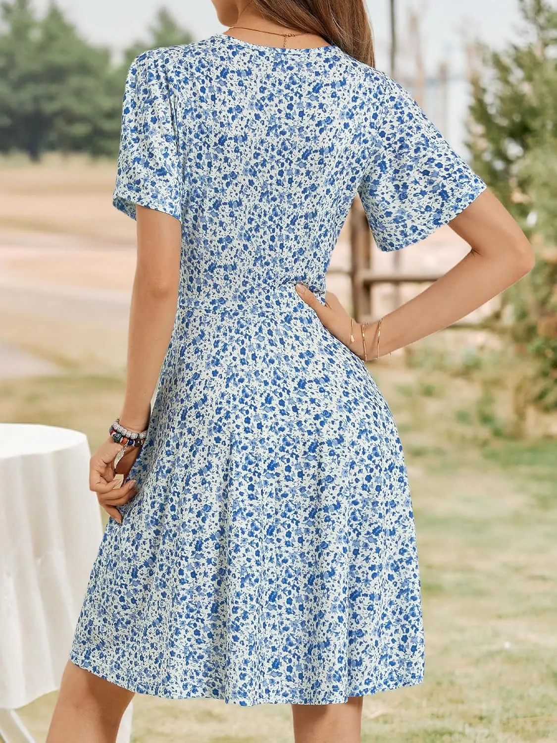 FENSACE Womens Sundress Summer Floral Short Sleeve Wrap V Neck A-Line Midi Dress