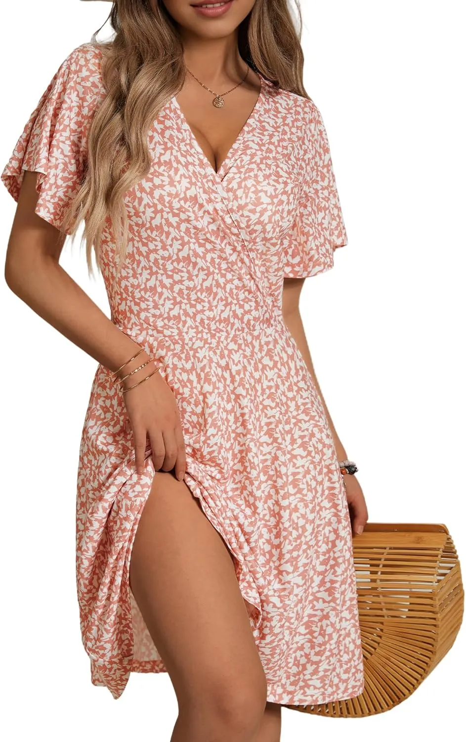 FENSACE Womens Sundress Summer Floral Short Sleeve Wrap V Neck A-Line Midi Dress