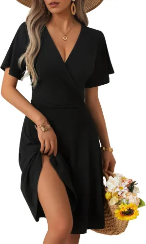 FENSACE Womens Sundress Summer Floral Short Sleeve Wrap V Neck A-Line Midi Dress