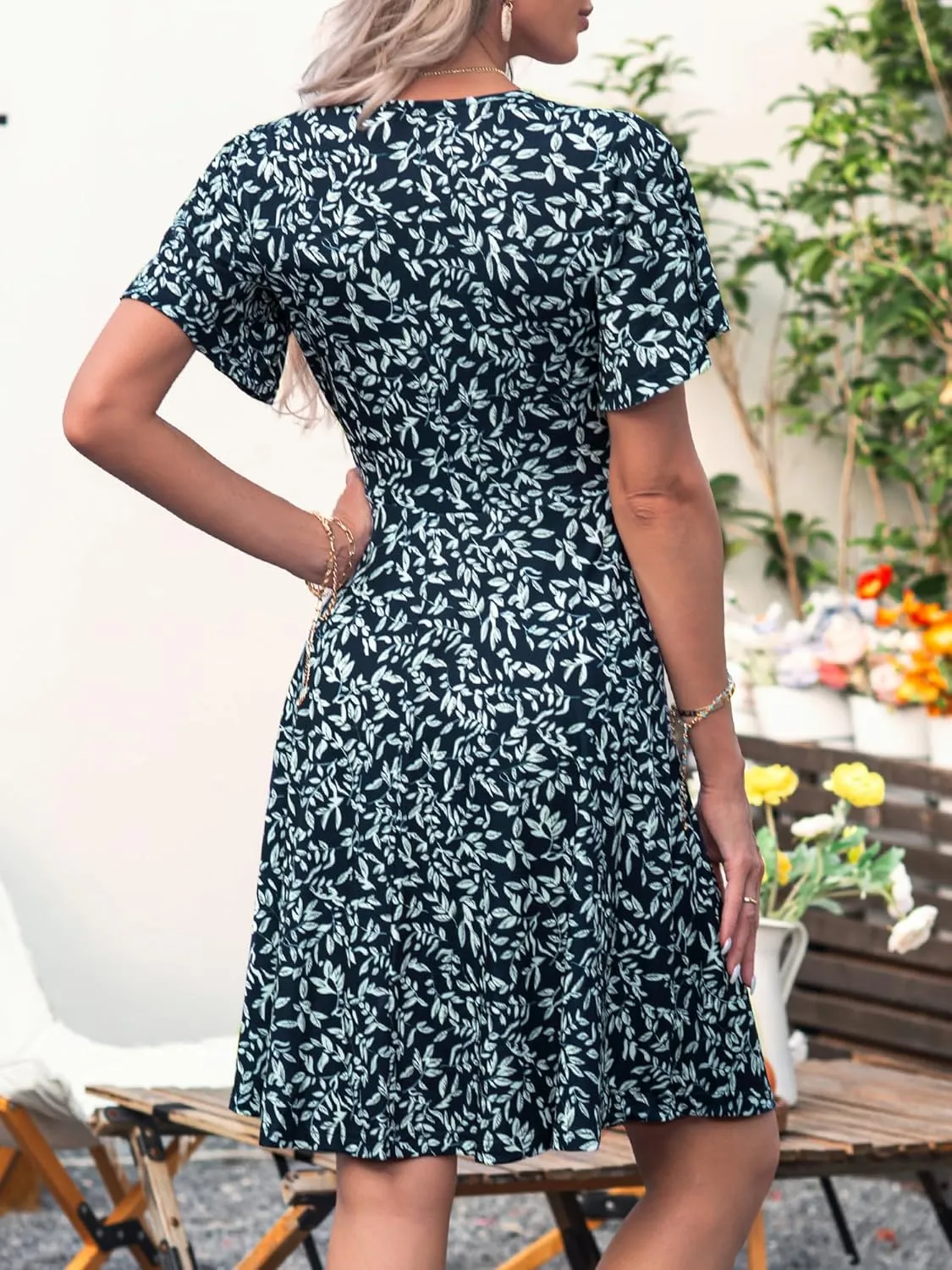 FENSACE Womens Sundress Summer Floral Short Sleeve Wrap V Neck A-Line Midi Dress