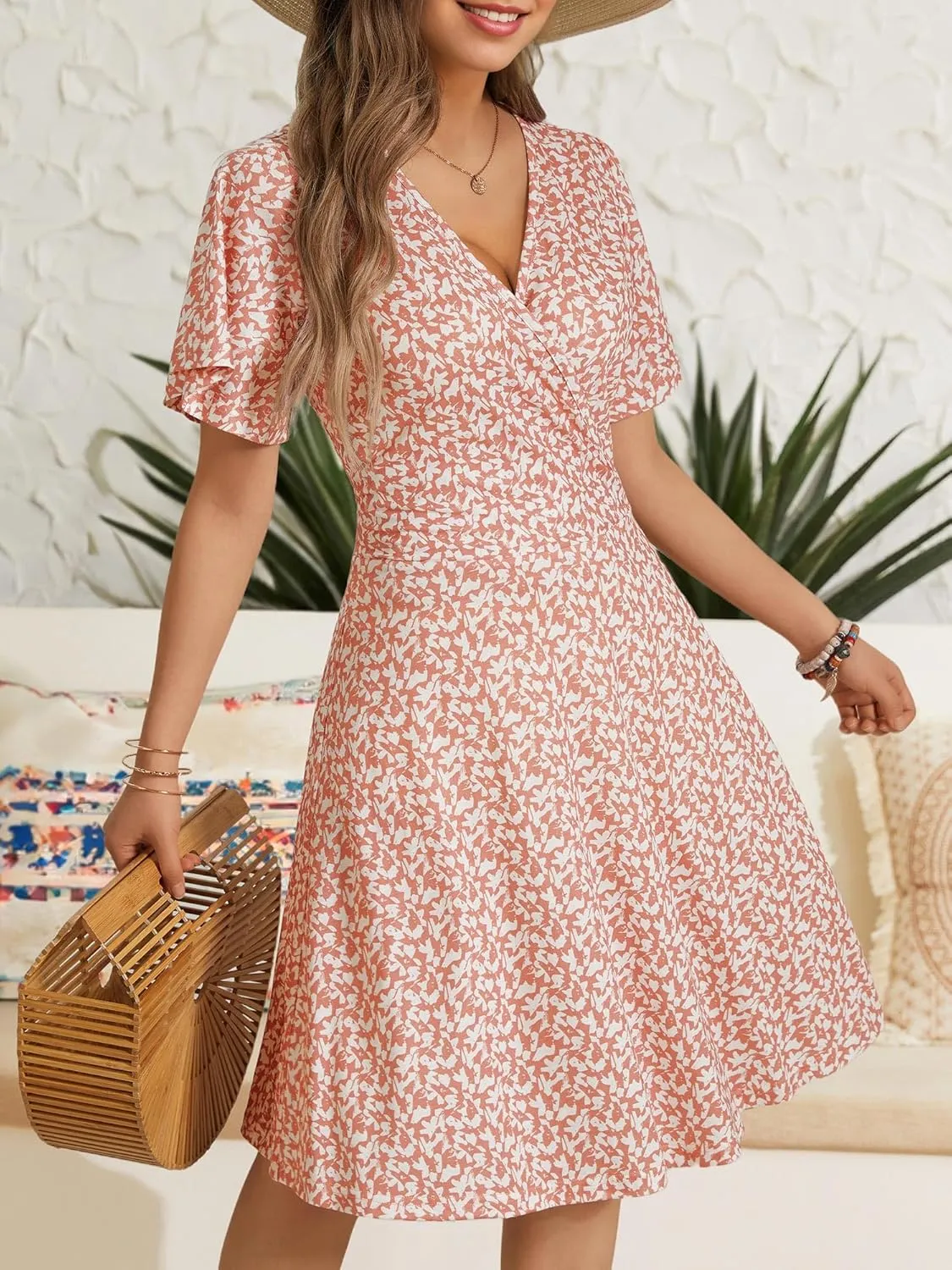 FENSACE Womens Sundress Summer Floral Short Sleeve Wrap V Neck A-Line Midi Dress