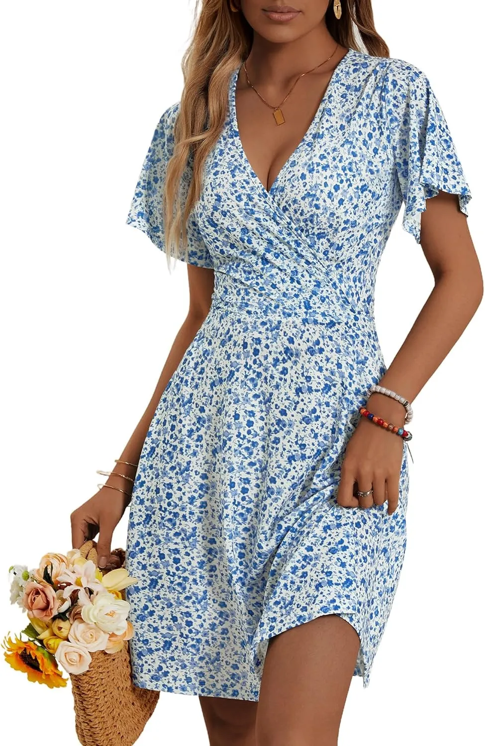 FENSACE Womens Sundress Summer Floral Short Sleeve Wrap V Neck A-Line Midi Dress