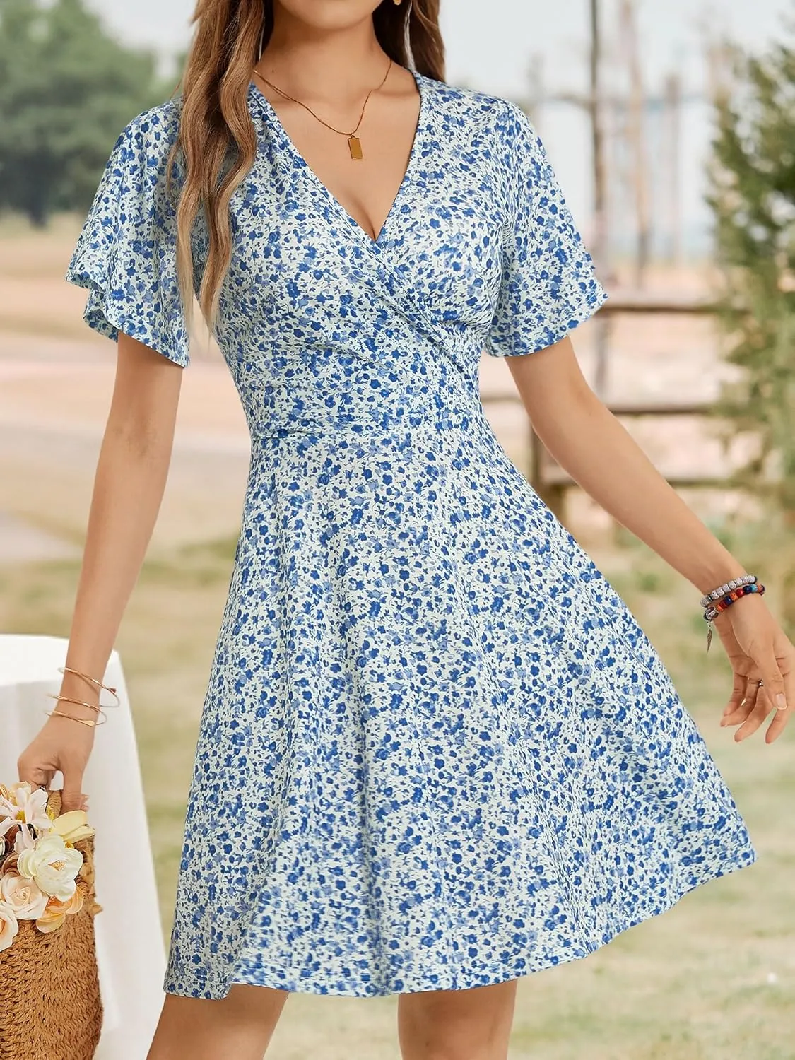 FENSACE Womens Sundress Summer Floral Short Sleeve Wrap V Neck A-Line Midi Dress