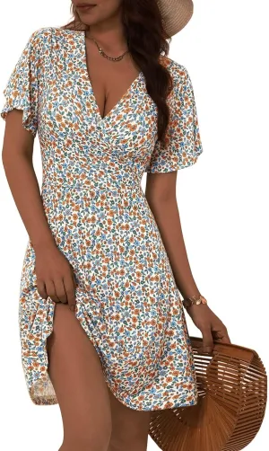 FENSACE Womens Sundress Summer Floral Short Sleeve Wrap V Neck A-Line Midi Dress