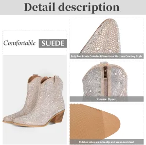 FIFSY Women's Rhinestone Boots Western Cowgirl Style Sparkly Boots Pointed Toe Chunky High Heels Shiny Glitter Boots Wedding Ankle Boots Block Heeled Party Dress Shoes