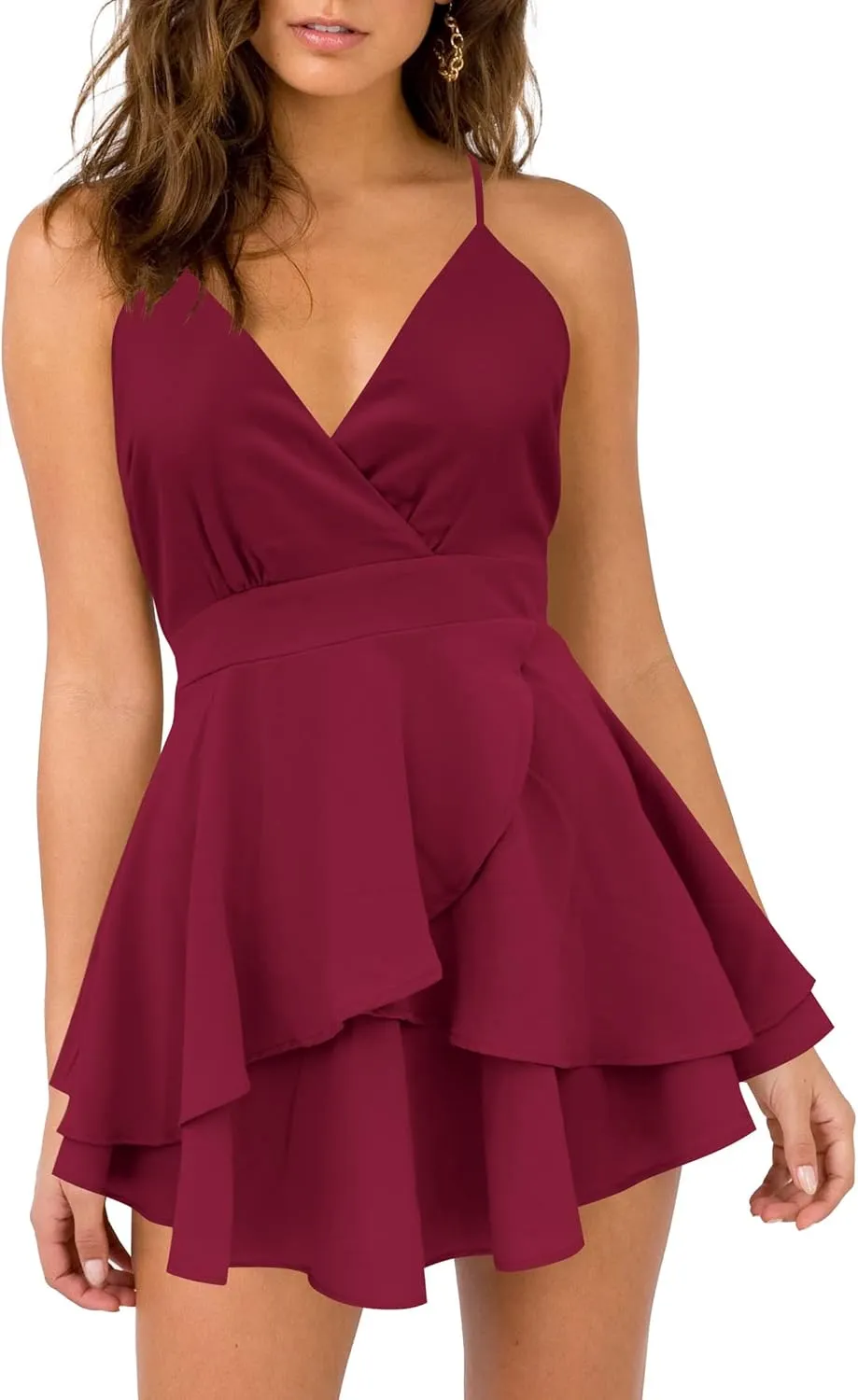 firfig Women’s Deep V-Neck Cami Dress Crisscross Open Back Tie Waist Mini Dresses