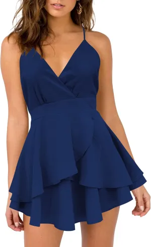 firfig Women’s Deep V-Neck Cami Dress Crisscross Open Back Tie Waist Mini Dresses