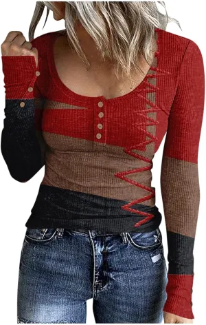 FlekmanArt Women Solid Button Down Henley Shirts Casual Scoop Neck Slim Fit Tunic Tops Trendy Long Sleeve Daily Work Outfits