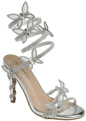 Forever Link Women Rhinestone Butterfly Wrap up Stiletto Heel Sandals