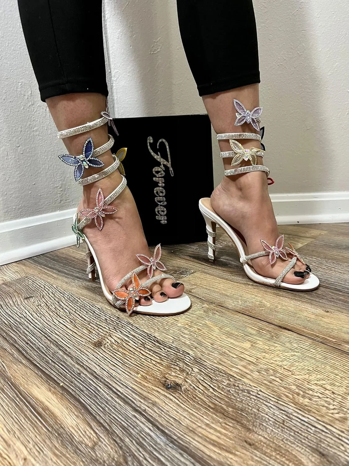 Forever Link Women Rhinestone Butterfly Wrap up Stiletto Heel Sandals