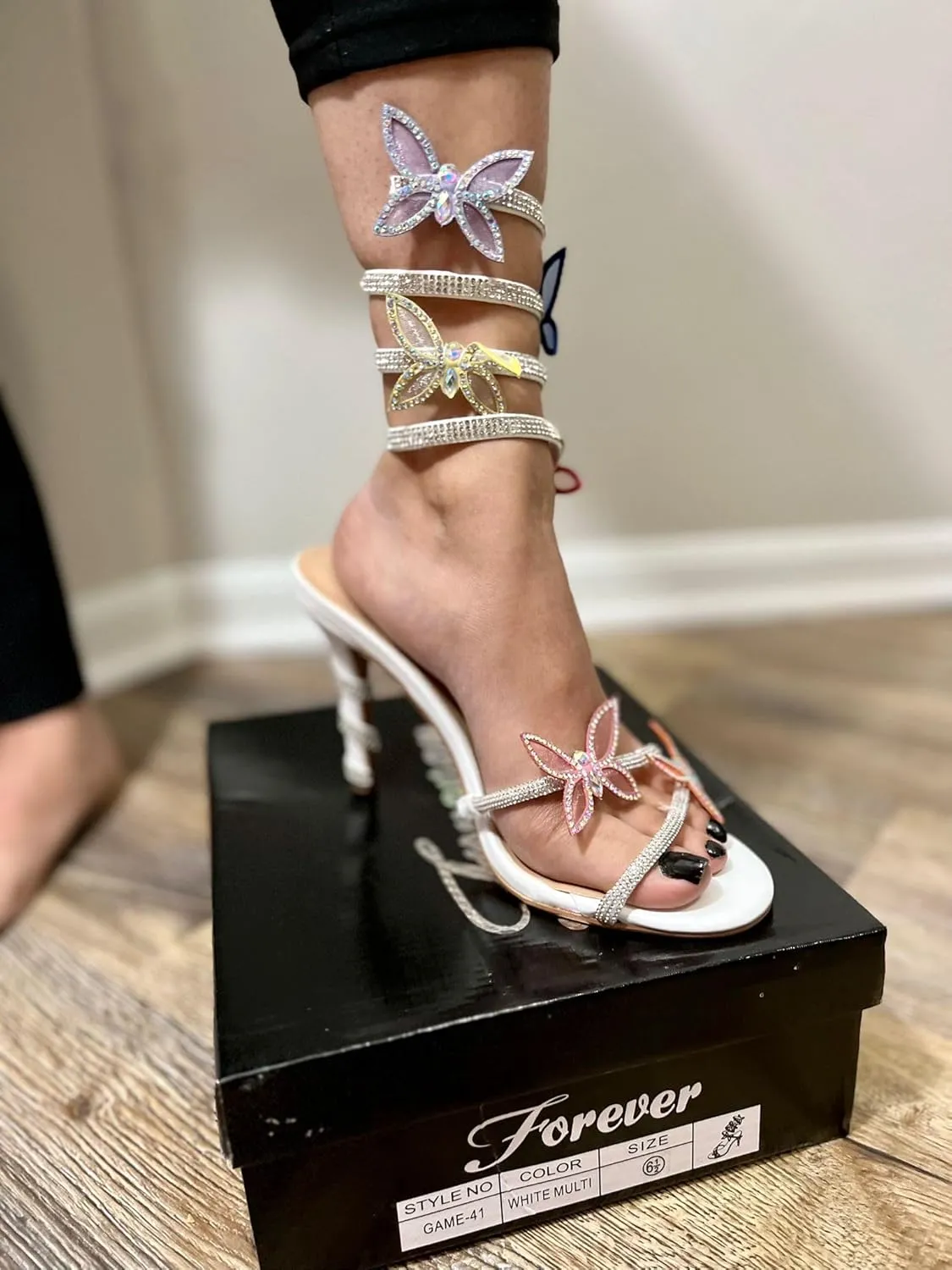 Forever Link Women Rhinestone Butterfly Wrap up Stiletto Heel Sandals