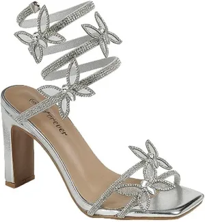 Forever Link Women's Rhinestone Butterfly Detail Spiral Coil Wrap Around Chunk Heel Sandals