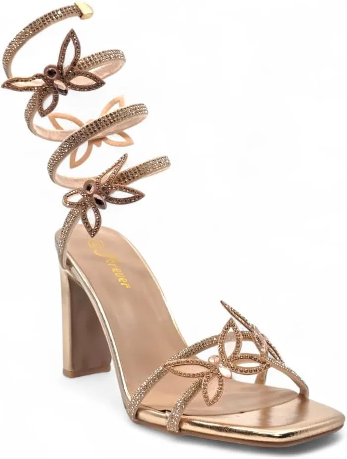 Forever Link Women's Rhinestone Butterfly Detail Spiral Coil Wrap Around Chunk Heel Sandals