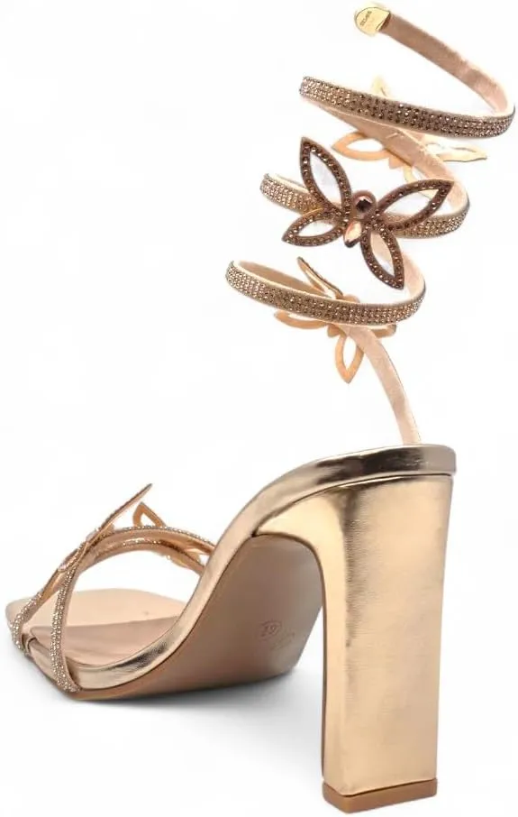 Forever Link Women's Rhinestone Butterfly Detail Spiral Coil Wrap Around Chunk Heel Sandals