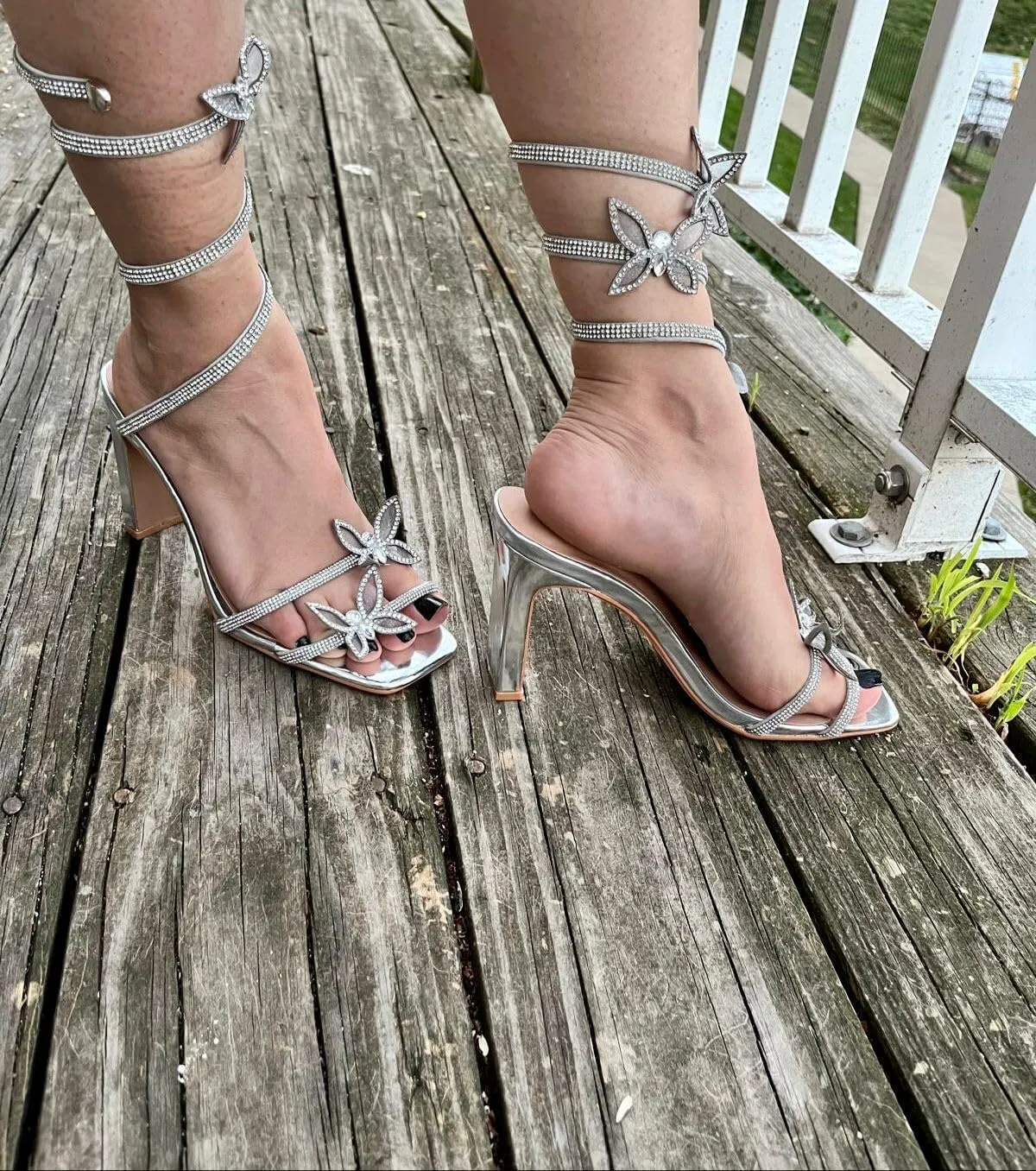 Forever Link Women's Rhinestone Butterfly Detail Spiral Coil Wrap Around Chunk Heel Sandals
