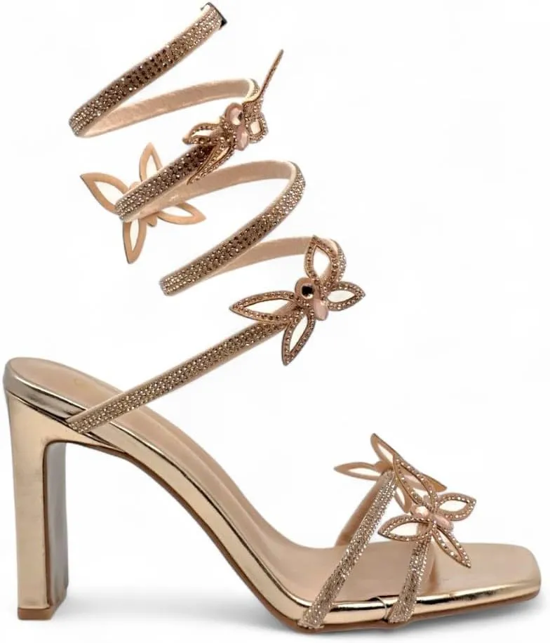 Forever Link Women's Rhinestone Butterfly Detail Spiral Coil Wrap Around Chunk Heel Sandals