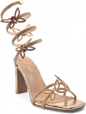 Forever Link Women's Rhinestone Butterfly Detail Spiral Coil Wrap Around Chunk Heel Sandals