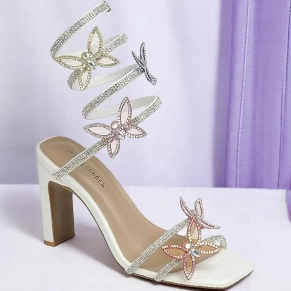 Forever Link Women's Rhinestone Butterfly Detail Spiral Coil Wrap Around Chunk Heel Sandals