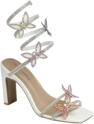 Forever Link Women's Rhinestone Butterfly Detail Spiral Coil Wrap Around Chunk Heel Sandals