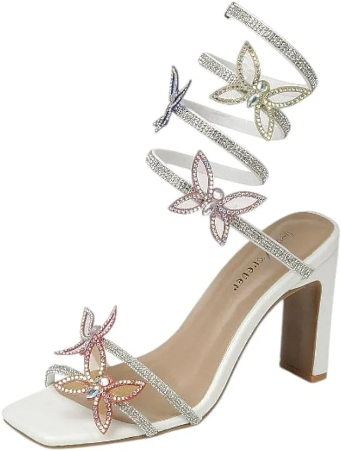 Forever Link Women's Rhinestone Butterfly Detail Spiral Coil Wrap Around Chunk Heel Sandals
