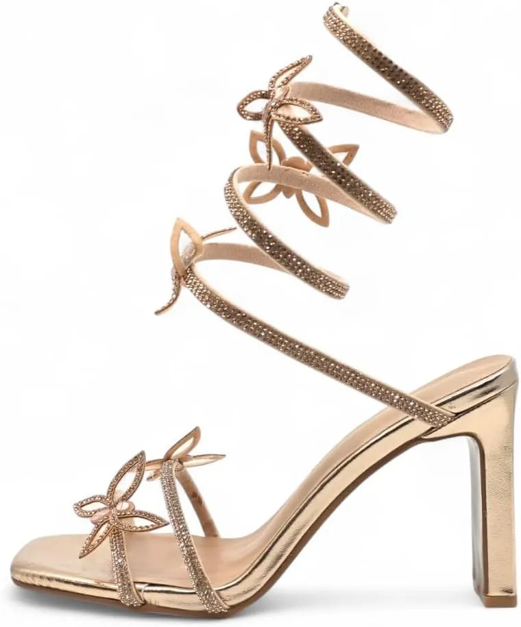 Forever Link Women's Rhinestone Butterfly Detail Spiral Coil Wrap Around Chunk Heel Sandals