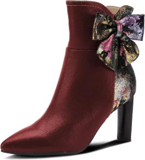 FOWT Trendy Colorful Bowknots Two Tone Ankle Boots For Women Chunky High Heels Pointy Toe Booties Side Zipper Winter Comfort Dress Shoes Size 4-15 M US