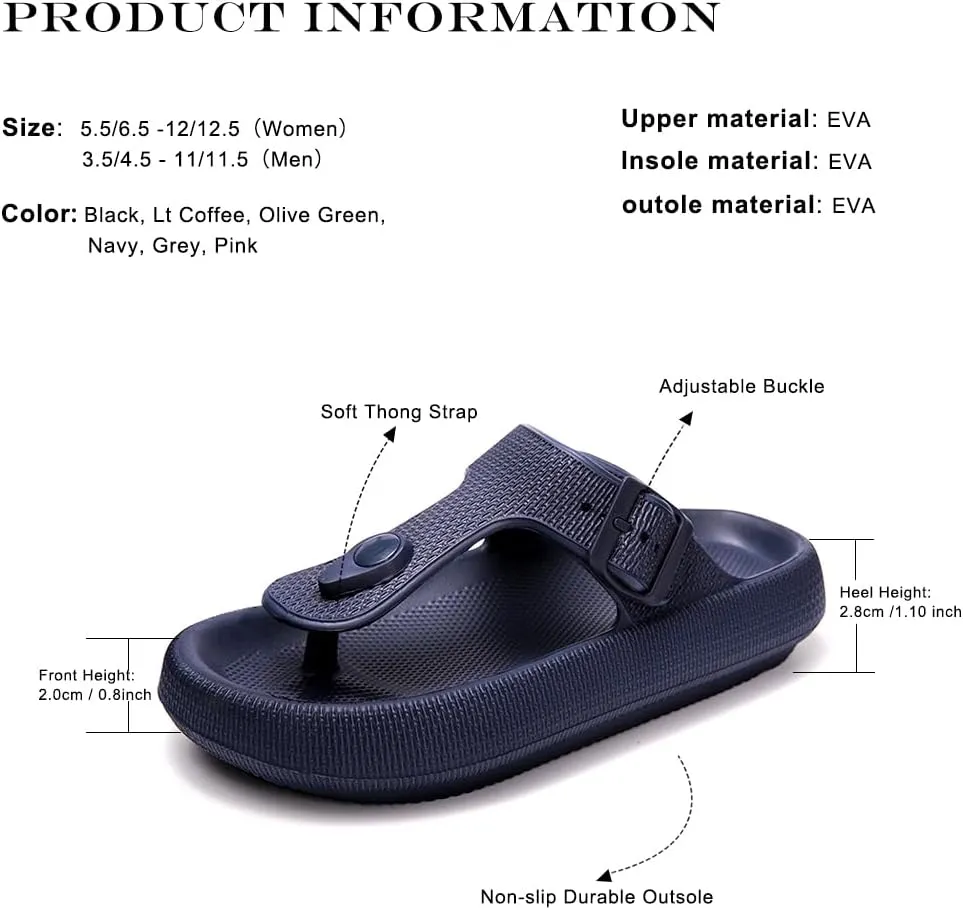FUNKYMONKEY Thong Sandals Adjustable Buckle EVA Thick-Soled Flip Flops for Women and Men