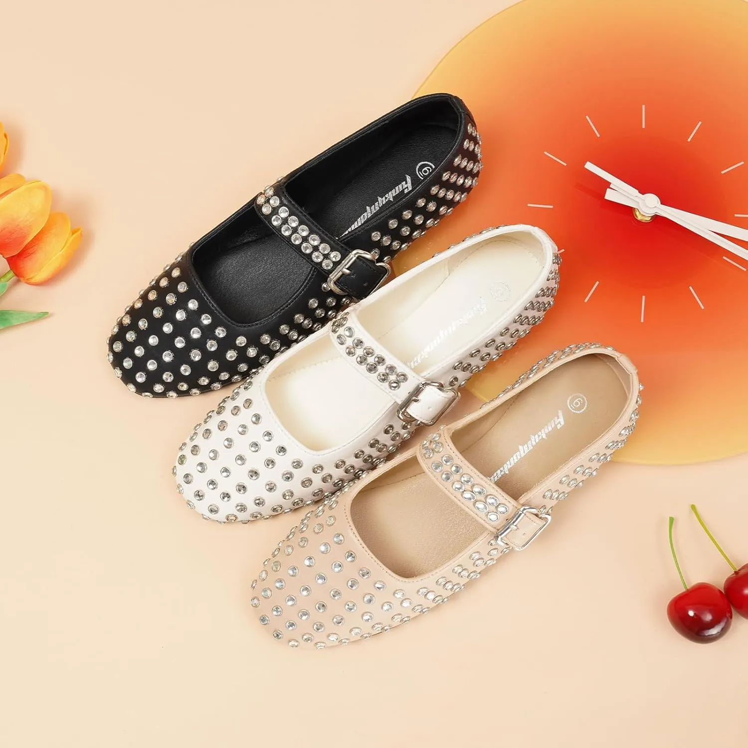 FUNKYMONKEY Women's Diamond Square Toe Mary Jane Flats with Adjustable Buckle Casual Comfort Shoes