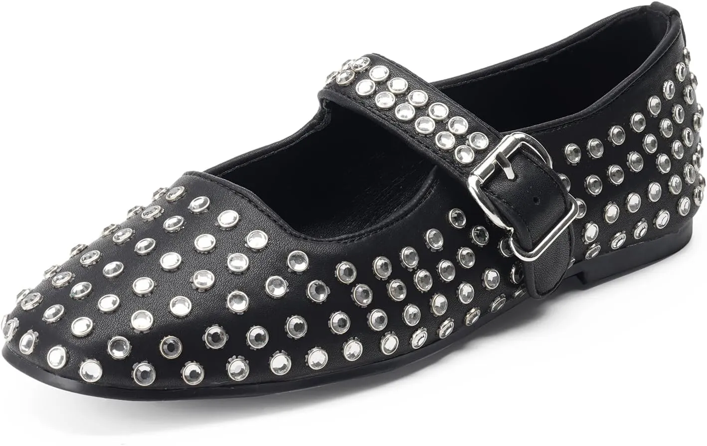 FUNKYMONKEY Women's Diamond Square Toe Mary Jane Flats with Adjustable Buckle Casual Comfort Shoes