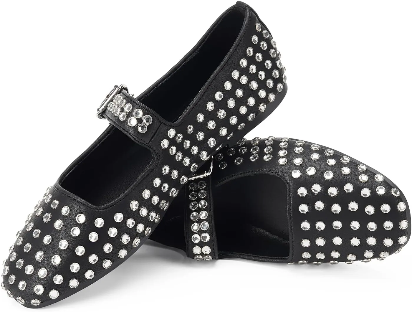 FUNKYMONKEY Women's Diamond Square Toe Mary Jane Flats with Adjustable Buckle Casual Comfort Shoes