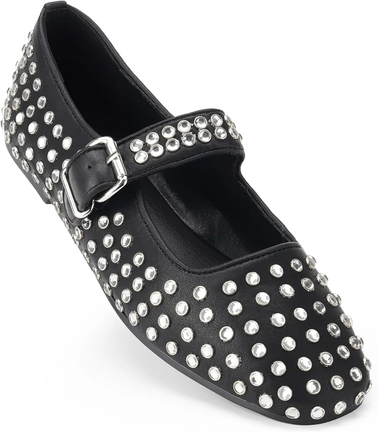 FUNKYMONKEY Women's Diamond Square Toe Mary Jane Flats with Adjustable Buckle Casual Comfort Shoes