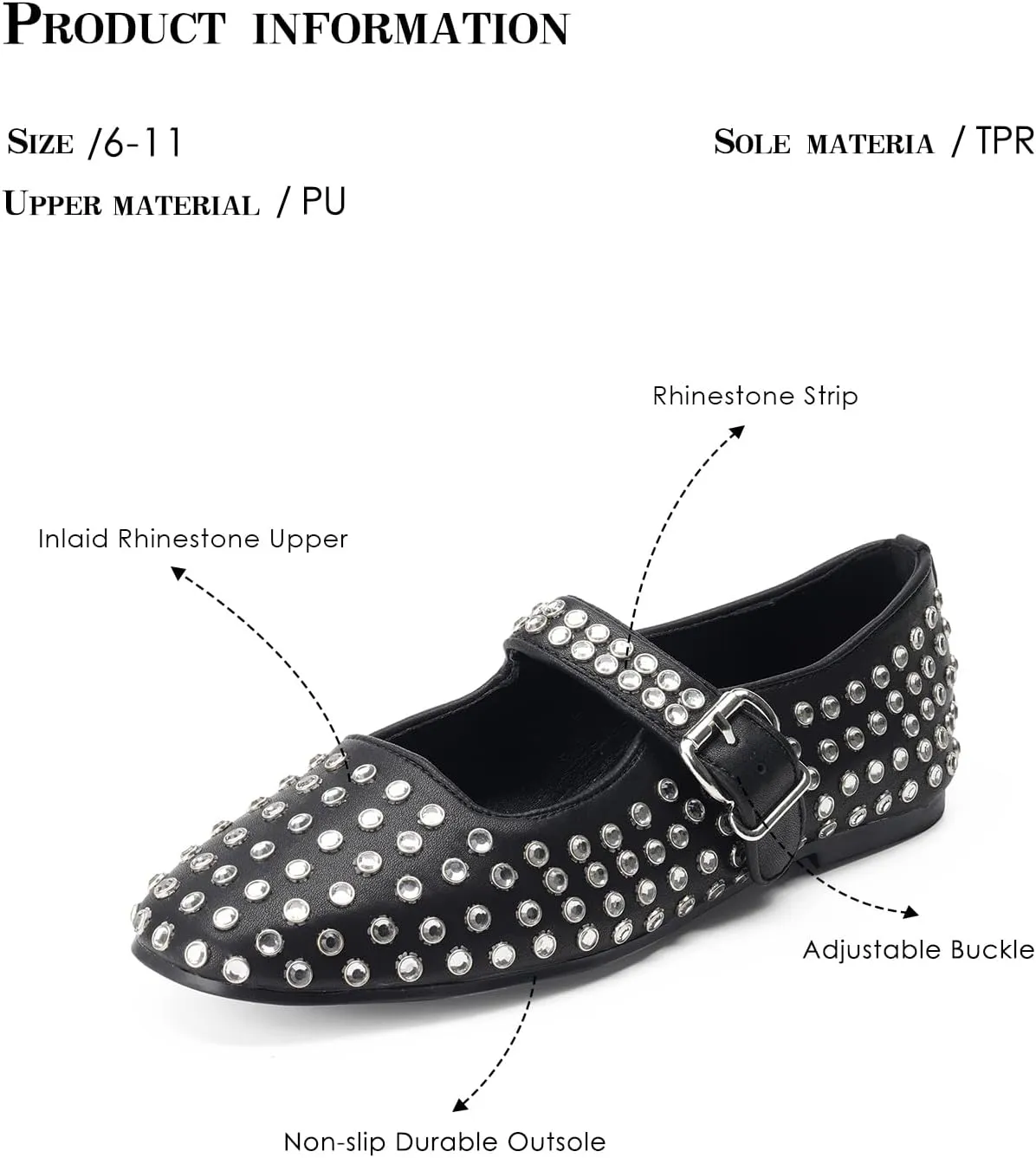 FUNKYMONKEY Women's Diamond Square Toe Mary Jane Flats with Adjustable Buckle Casual Comfort Shoes