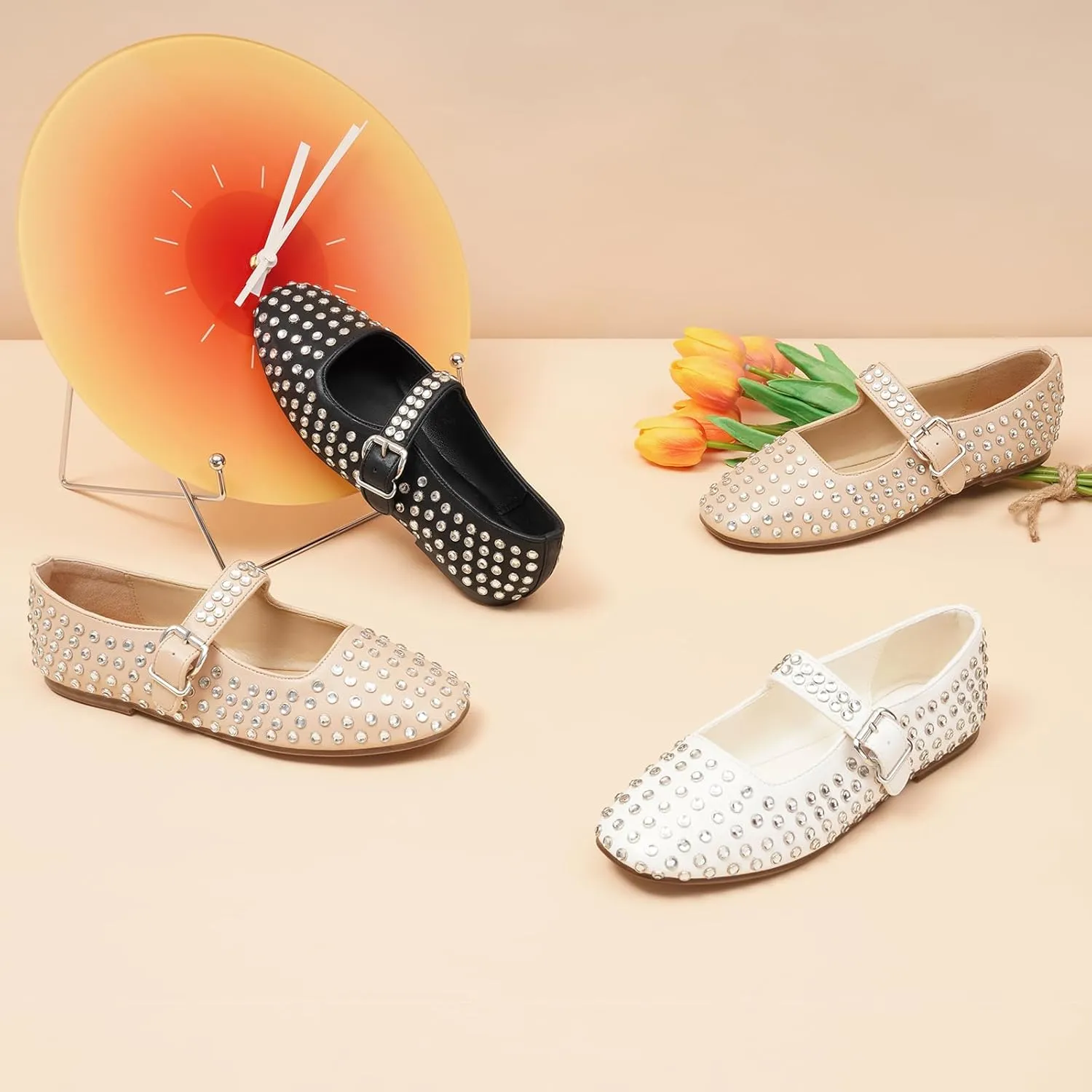 FUNKYMONKEY Women's Diamond Square Toe Mary Jane Flats with Adjustable Buckle Casual Comfort Shoes