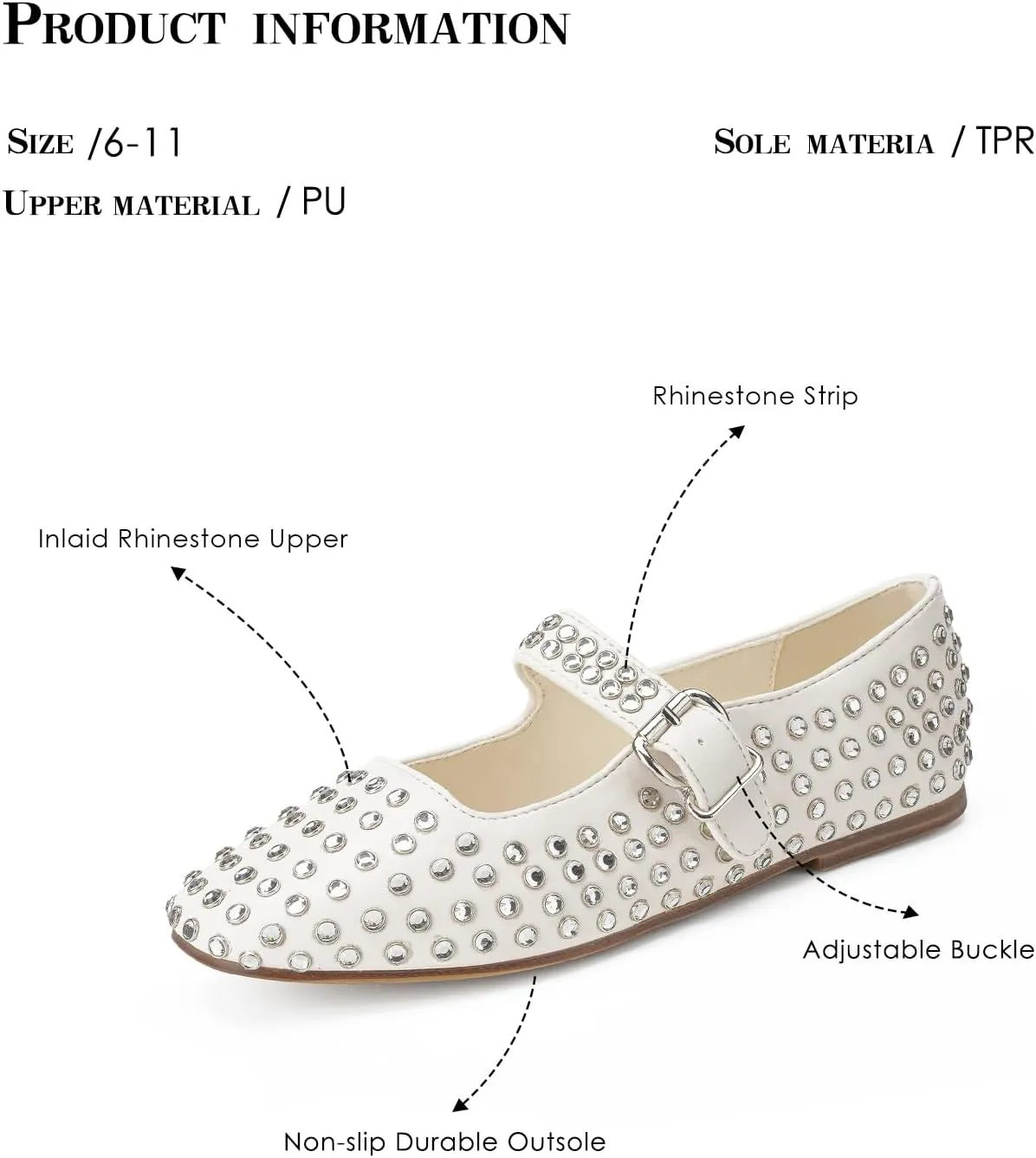 FUNKYMONKEY Women's Diamond Square Toe Mary Jane Flats with Adjustable Buckle Casual Comfort Shoes
