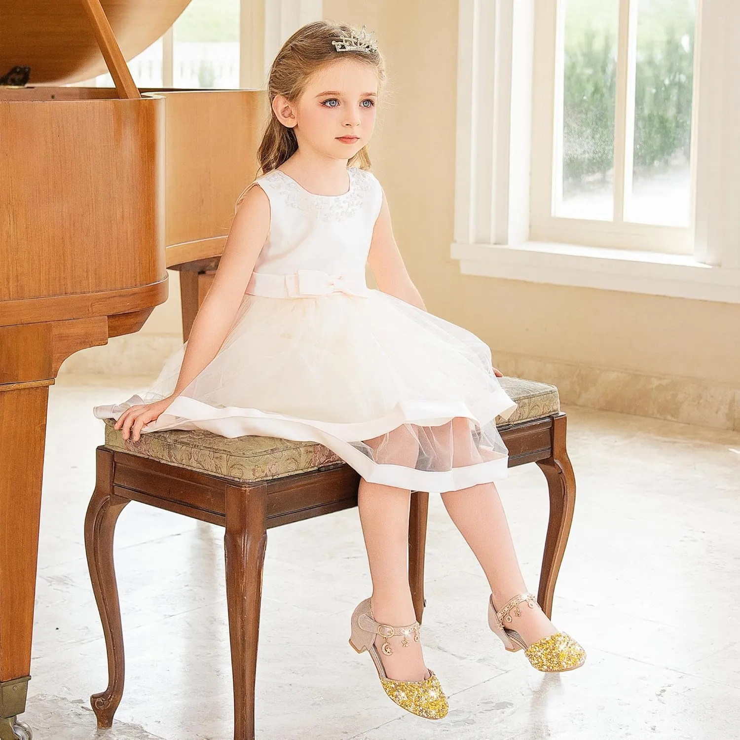 Furdeour Girls Dress Shoes Princess Crystal High Heels Closed Toe Party Wedding Flower Girls Shoes Toddler Little Big Kid