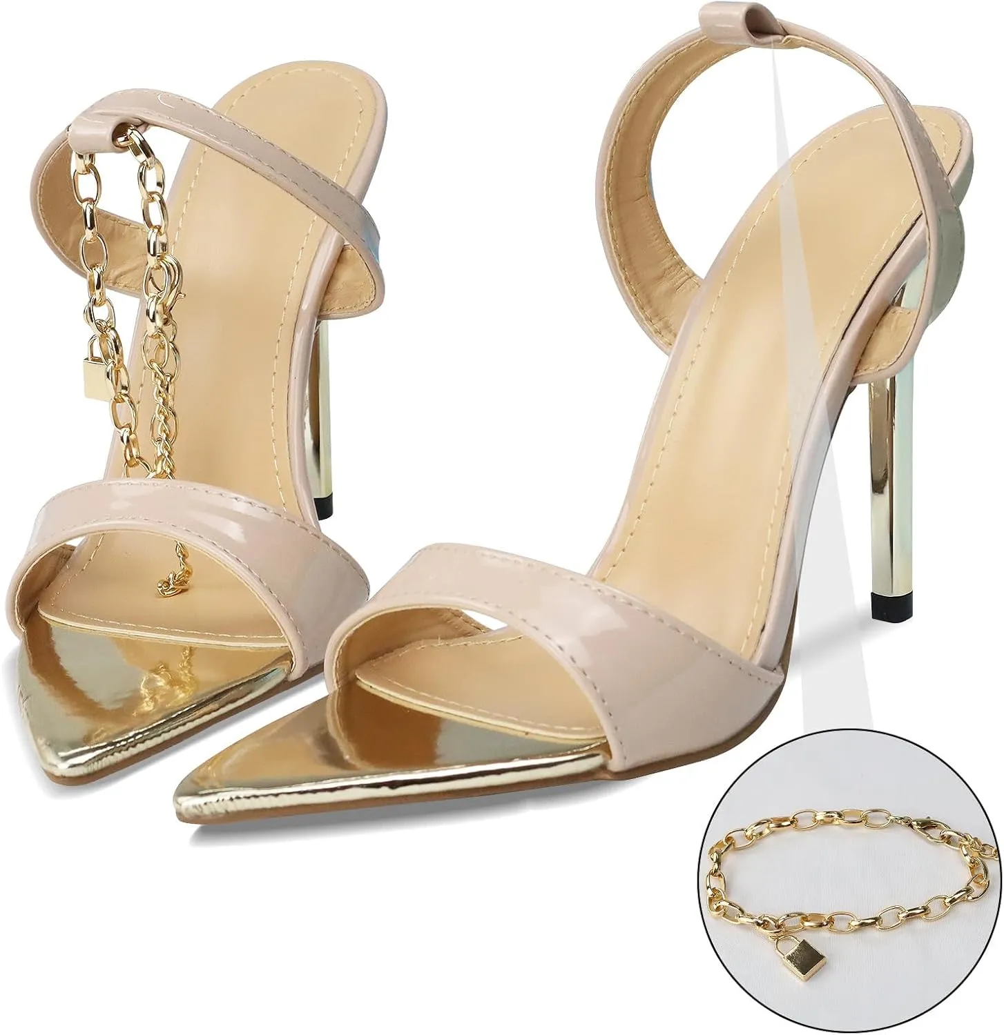 GATUXUS Women's Stilettos High Heels Sandals Metal Chain Ankle Strap Classic Pointed Toe Dress Sandals Shoes