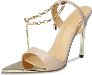 GATUXUS Women's Stilettos High Heels Sandals Metal Chain Ankle Strap Classic Pointed Toe Dress Sandals Shoes