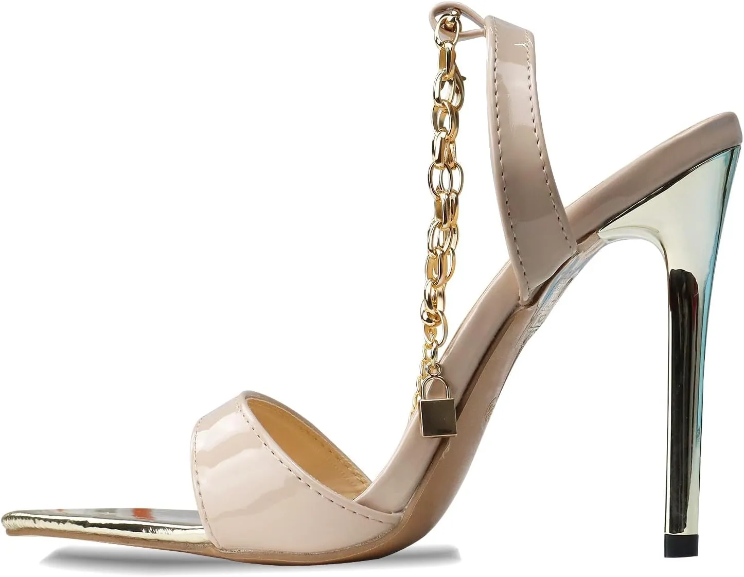GATUXUS Women's Stilettos High Heels Sandals Metal Chain Ankle Strap Classic Pointed Toe Dress Sandals Shoes