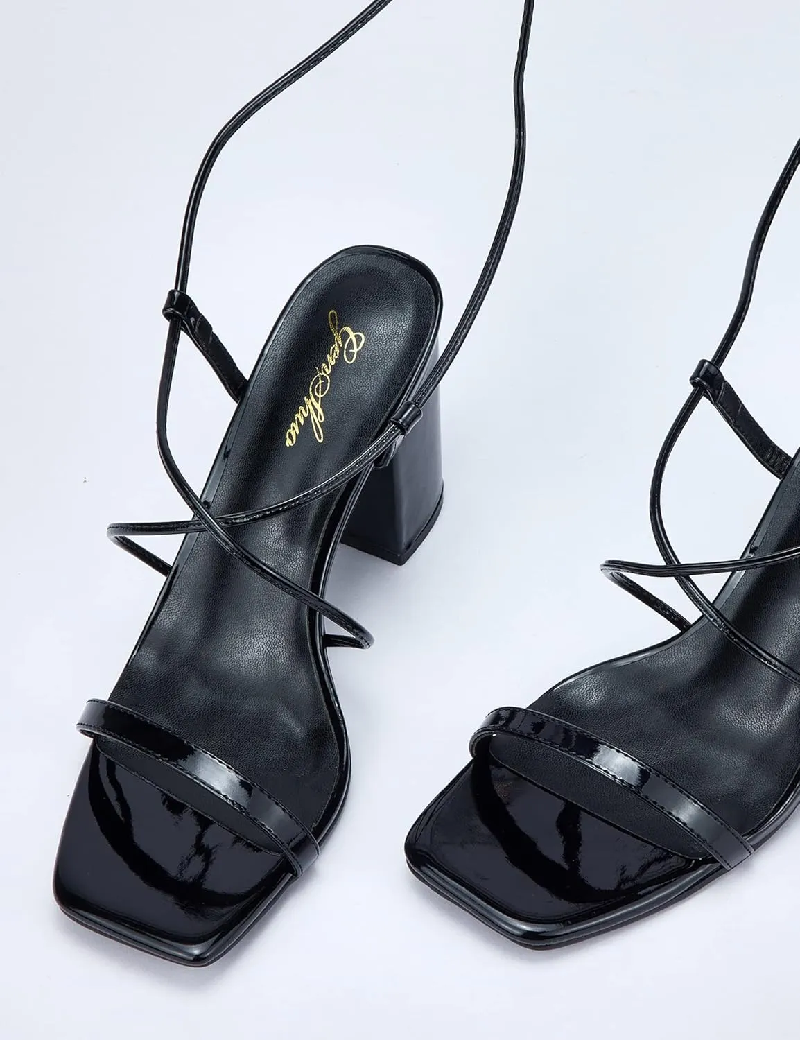 GENSHUO Square Toe Sandals Women Lace up Chunky High Heels Strappy Sandals Block Heeled Ankle Wrap Homecoming Wedding Dress Shoes Gold Size 9.5
