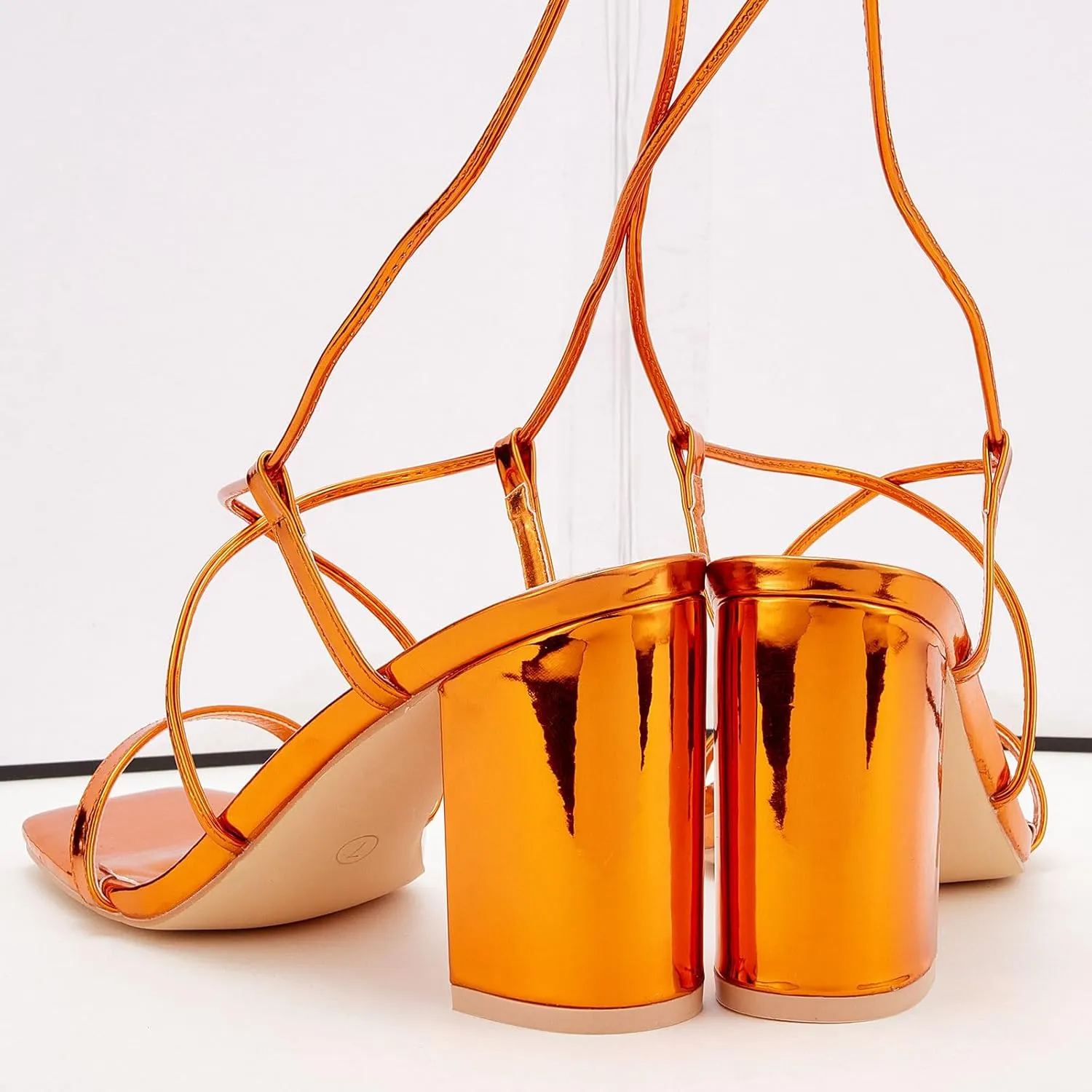 GENSHUO Square Toe Sandals Women Lace up Chunky High Heels Strappy Sandals Block Heeled Ankle Wrap Homecoming Wedding Dress Shoes Gold Size 9.5