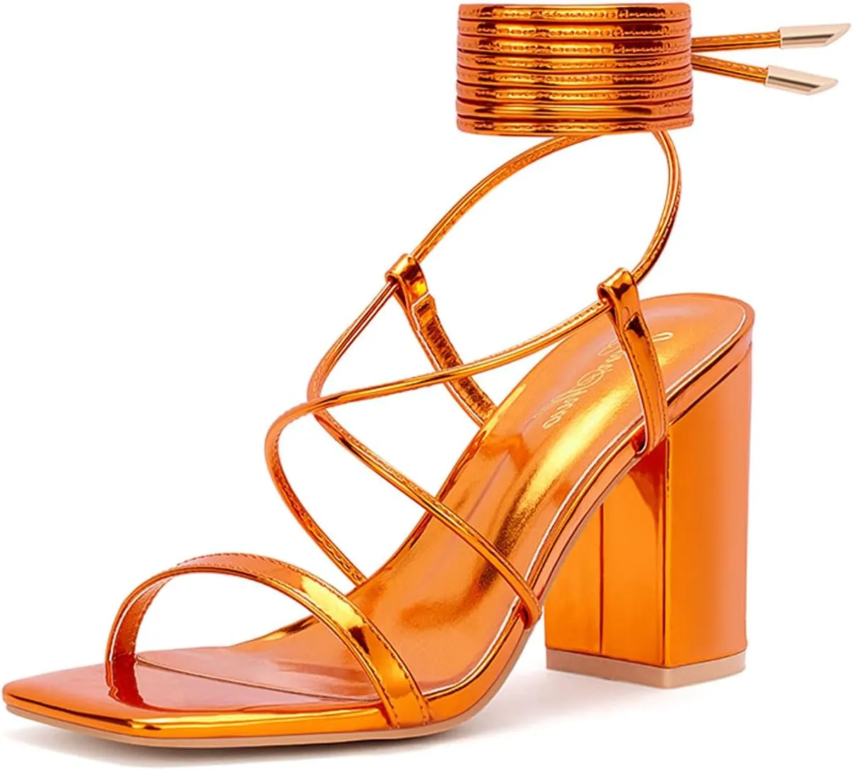 GENSHUO Square Toe Sandals Women Lace up Chunky High Heels Strappy Sandals Block Heeled Ankle Wrap Homecoming Wedding Dress Shoes Gold Size 9.5