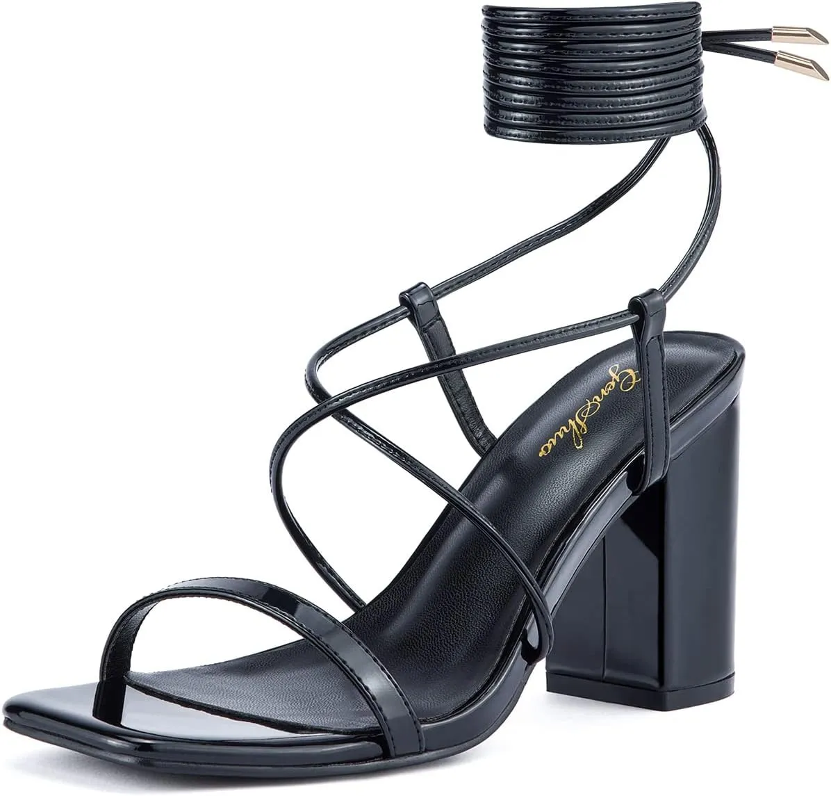 GENSHUO Square Toe Sandals Women Lace up Chunky High Heels Strappy Sandals Block Heeled Ankle Wrap Homecoming Wedding Dress Shoes Gold Size 9.5