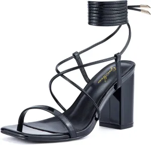 GENSHUO Square Toe Sandals Women Lace up Chunky High Heels Strappy Sandals Block Heeled Ankle Wrap Homecoming Wedding Dress Shoes Gold Size 9.5