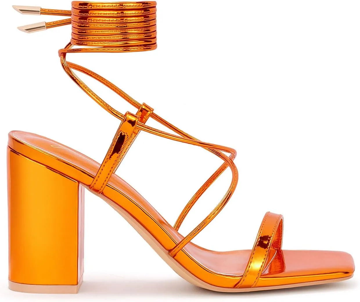 GENSHUO Square Toe Sandals Women Lace up Chunky High Heels Strappy Sandals Block Heeled Ankle Wrap Homecoming Wedding Dress Shoes Gold Size 9.5