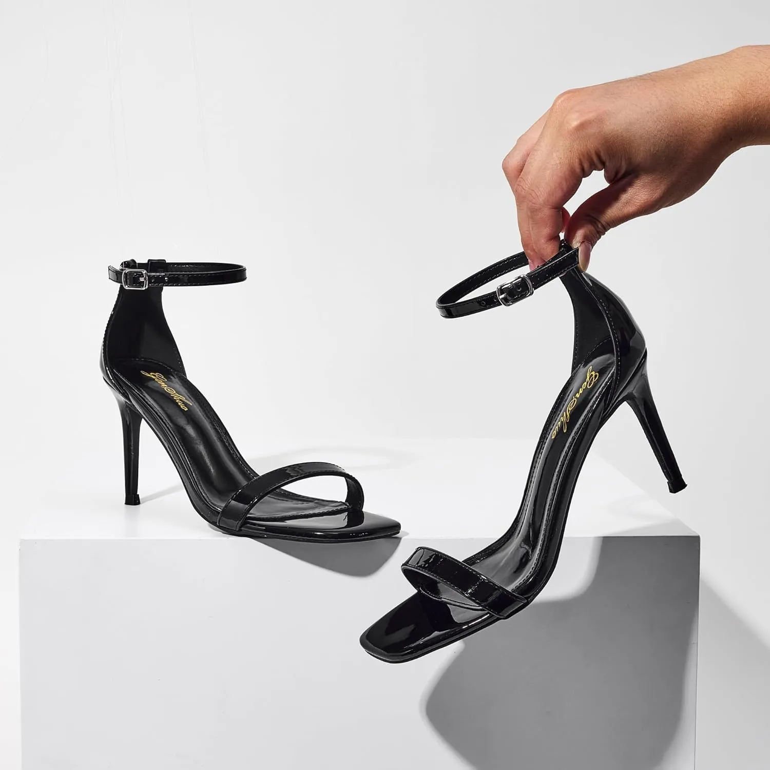 GENSHUO Women's Heeled Sandals Dressy Strappy Stiletto High Heels 3 Inch Square Open Toe Ankle Strap Buckle Sexy Prom Wedding Dress Shoes Ankle Wrap
